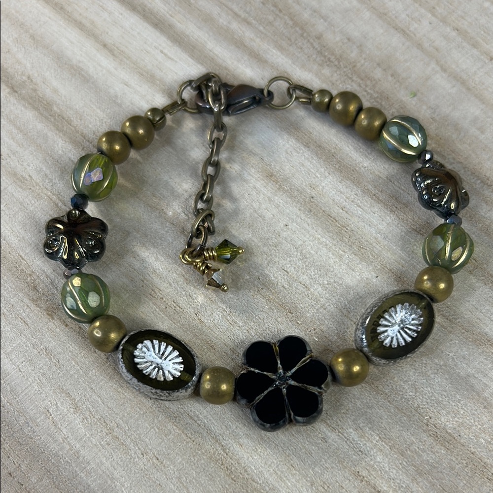 SOLD…Bohemian Black, Green, and Gold Beaded Bracelet with Floral Accents